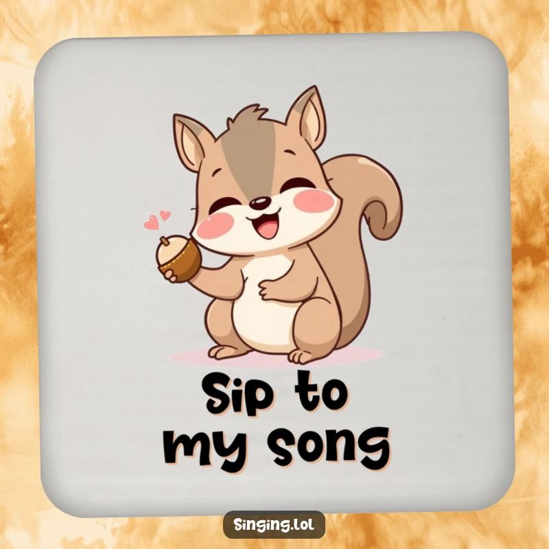 Funny squirrel drink coaster showcasing a singing rodent holding a nut, adding a humorous and protective touch to any surface.