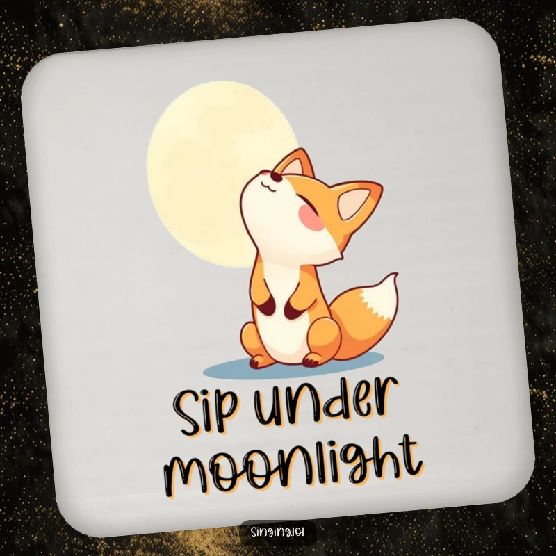 Funny joyful fox howling at the moon on a protective drink coaster, adding whimsical humor to any table setting.