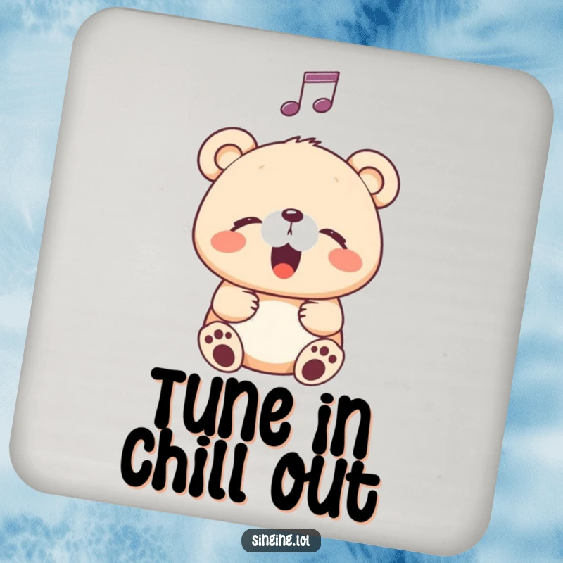 Funny Drink Coasters featuring a happy bear cub singing with a musical note, protecting furniture with a touch of melody.