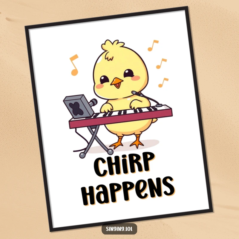 Funny poster featuring a bouncy chick character pecking at a keyboard, celebrating digital creativity and humor.