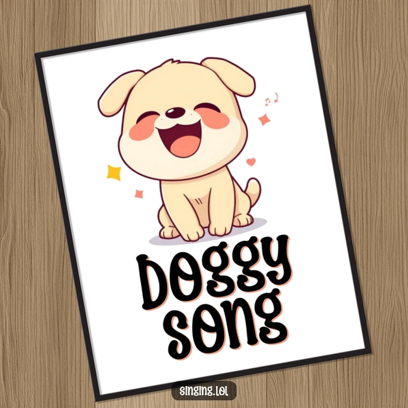 Funny poster print of a giggling dog character howling a silly song, a humorous and cheerful canine artwork.