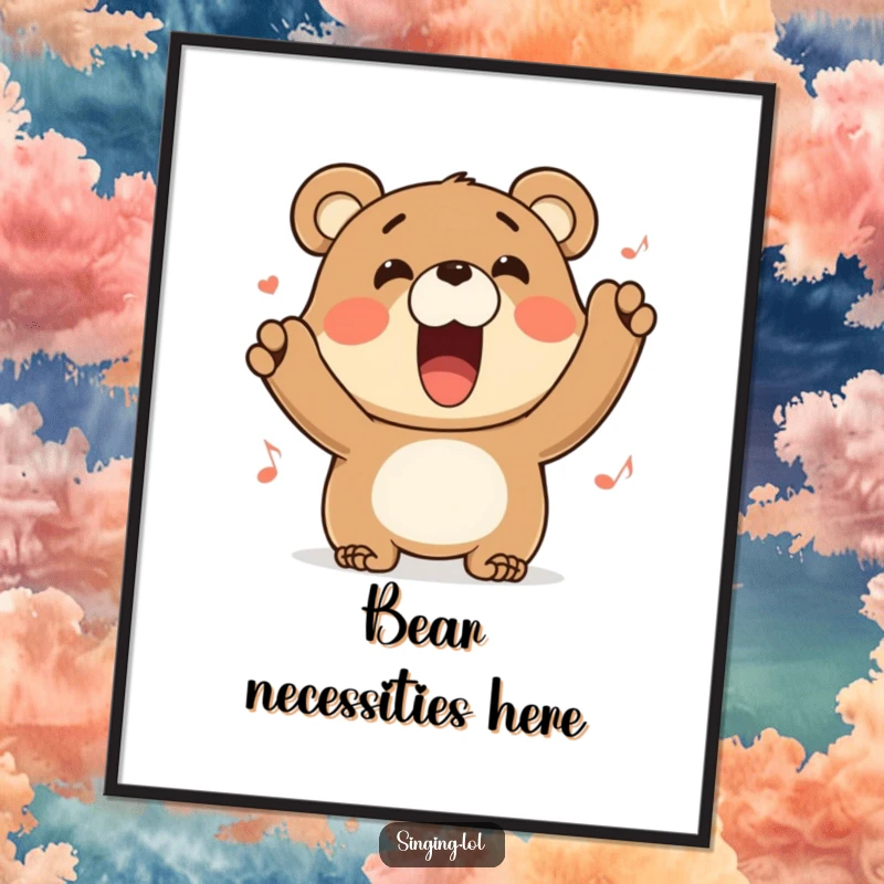 Funny bear poster art of a character belting out a tune with a wide grin, bringing cheerful and musical vibes.