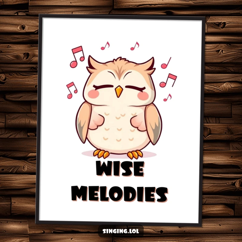 Funny poster of a cheerful owl character singing with eyes closed, surrounded by floating musical notes, creating a joyous scene.