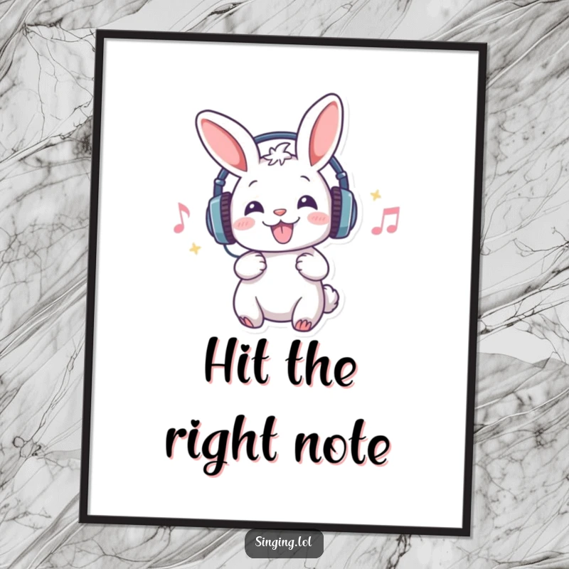 Funny poster art of a rabbit in headphones, belting out a song with gusto, capturing a lively concert atmosphere.