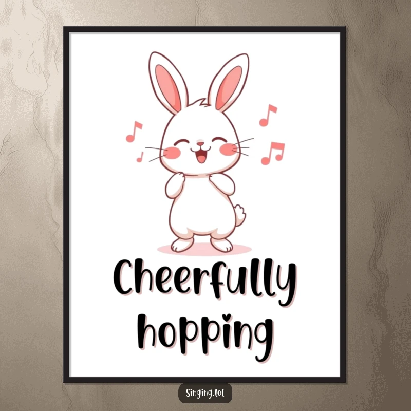 Funny rabbit poster showcasing a cute character humming a sweet, uplifting melody, adding a peaceful and happy vibe to decor.