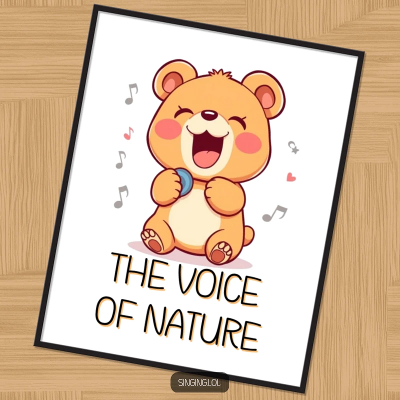 Funny poster art of a delighted bear cub character passionately belting out a ballad, exuding pure musical joy and warmth.