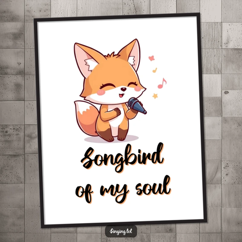 Funny poster of a happy fox with eyes closed, holding a small microphone and singing with pure abandon.
