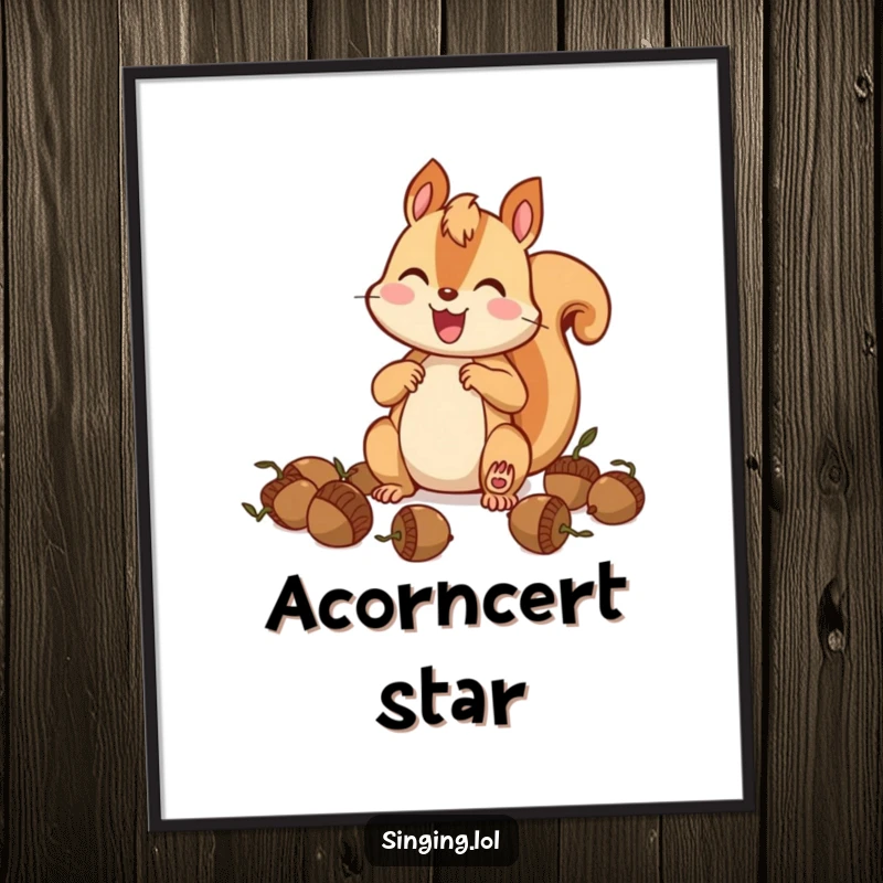 Funny squirrel drummer poster, a dynamic illustration of a happy squirrel creating music with acorns.