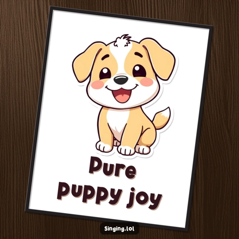 Funny poster of a happy puppy character with a wide grin and wagging tail, creating a cheerful and humorous visual.