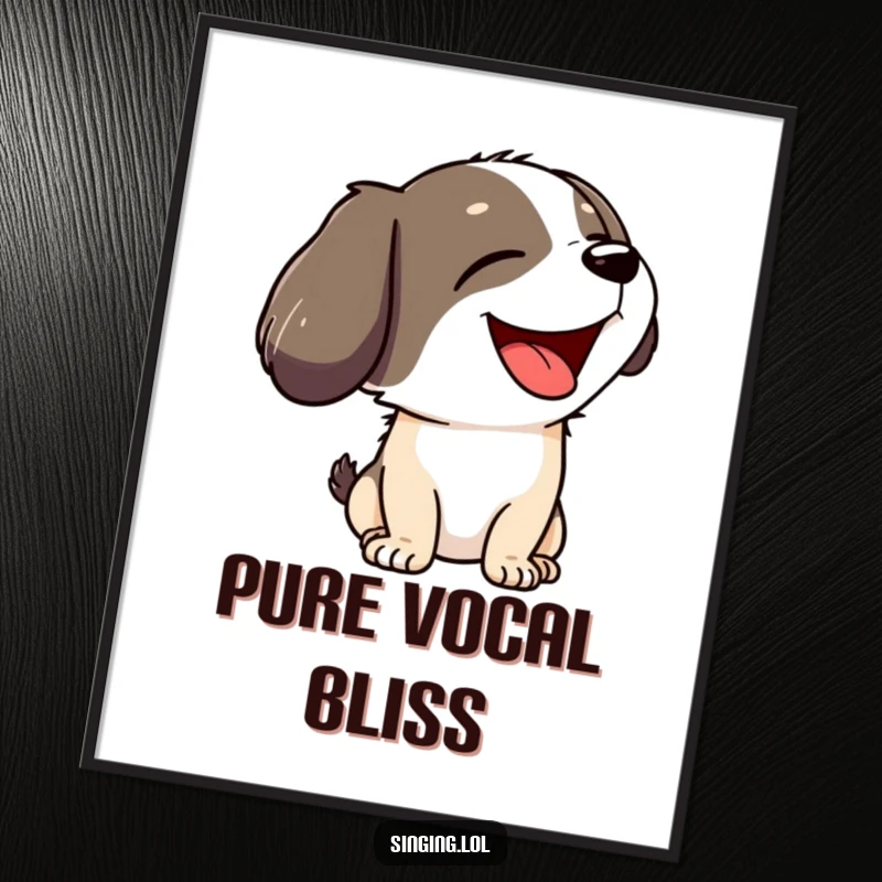 Funny poster print of a joyful dog character howling with its head tilted back, embodying pure canine happiness.