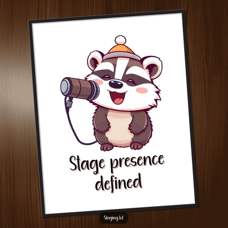 Funny poster featuring a cheerful badger wearing a tiny hat and singing into a microphone, capturing a lively stage presence.