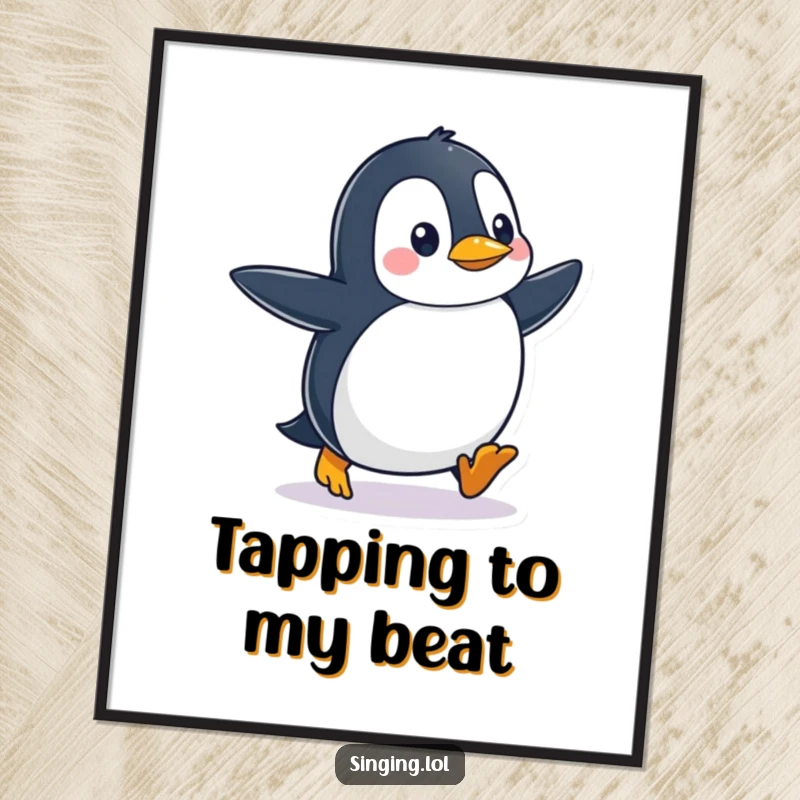 Artistic depiction of a funny waddling penguin character tapping its feet energetically to an unseen beat, suitable for wall art.