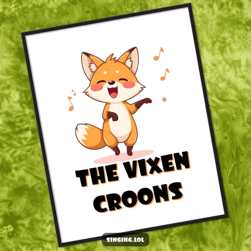 Funny fox poster art of a playful character dancing while singing a silly song, a vibrant and energetic piece.