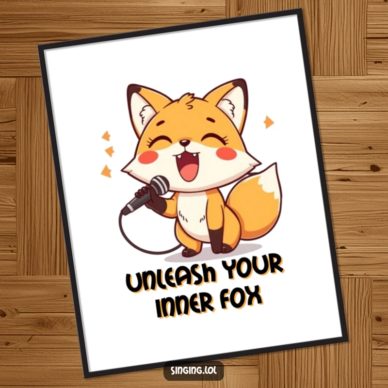 Funny Poster featuring a cheerful fox character holding a microphone and belting out a tune, radiating stage presence and energy.