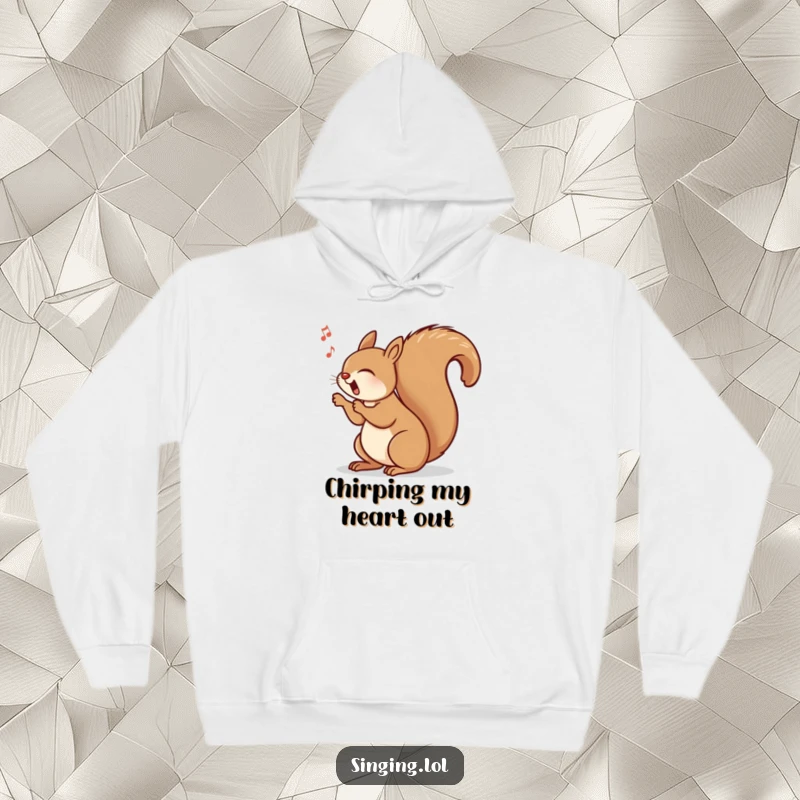 Funny hoodie depicting a happy squirrel singing with its bushy tail swinging rhythmically, offering warmth and a dose of playful energy.
