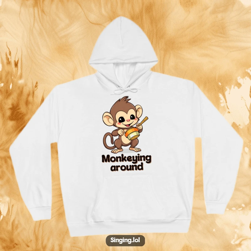 Funny hoodie featuring a mischievous monkey character playing cymbals with flair, offering warmth and playful energy.