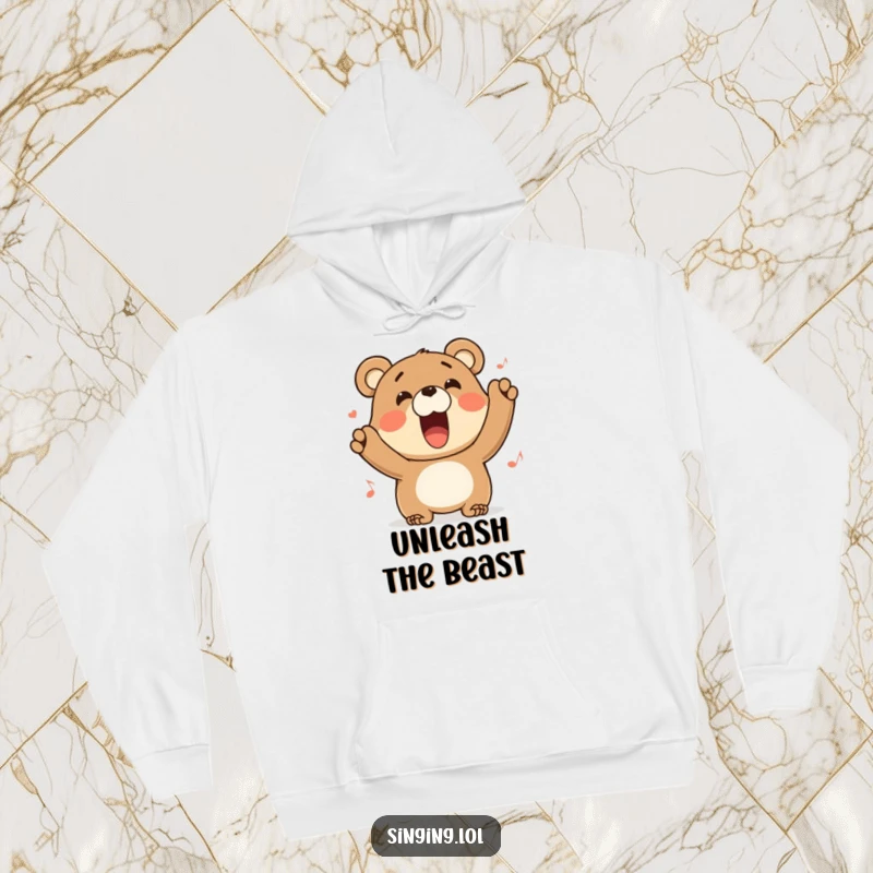 Funny bear hoodie character belting out a tune with a wide grin, radiating happiness and musical enthusiasm.