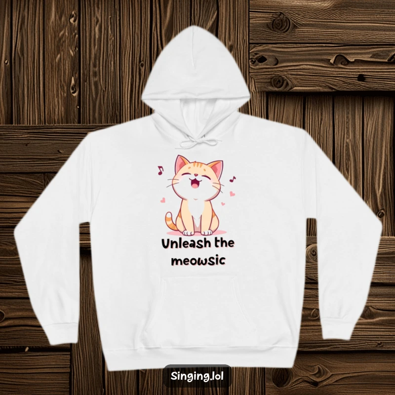 Funny hoodie with a giggling cat character yodeling a playful ballad, offering warmth and a humorous statement for cat enthusiasts.