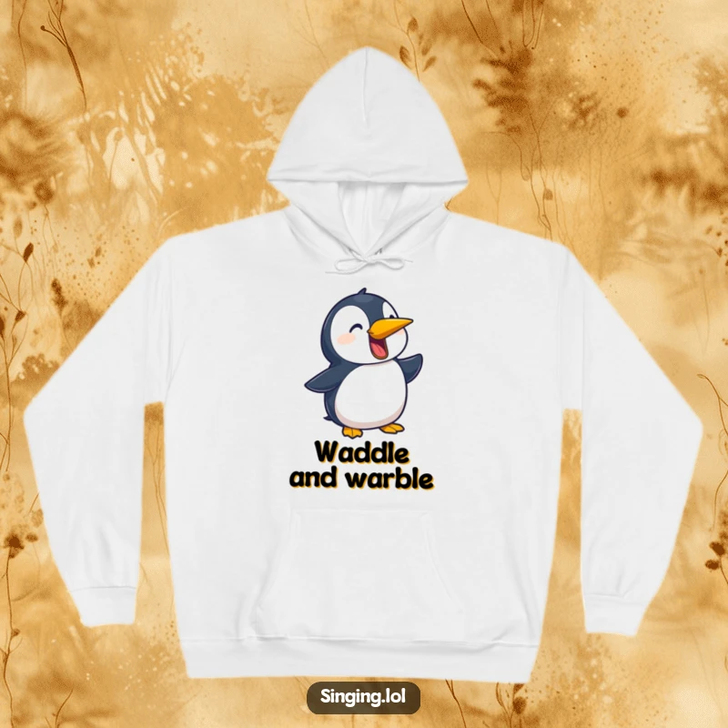 Funny hoodie featuring a playful penguin character squawking a dramatic ballad, perfect for cozy, musical moments.