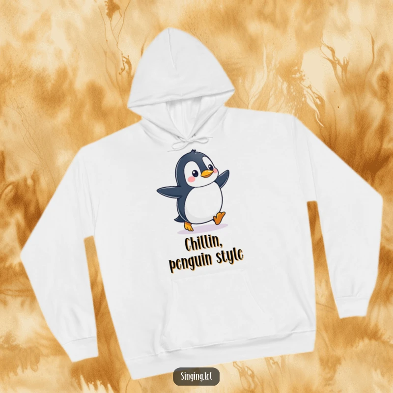 Funny penguin waddling and tapping its feet rhythmically, depicted on a soft, cozy hoodie for ultimate comfort and humor.