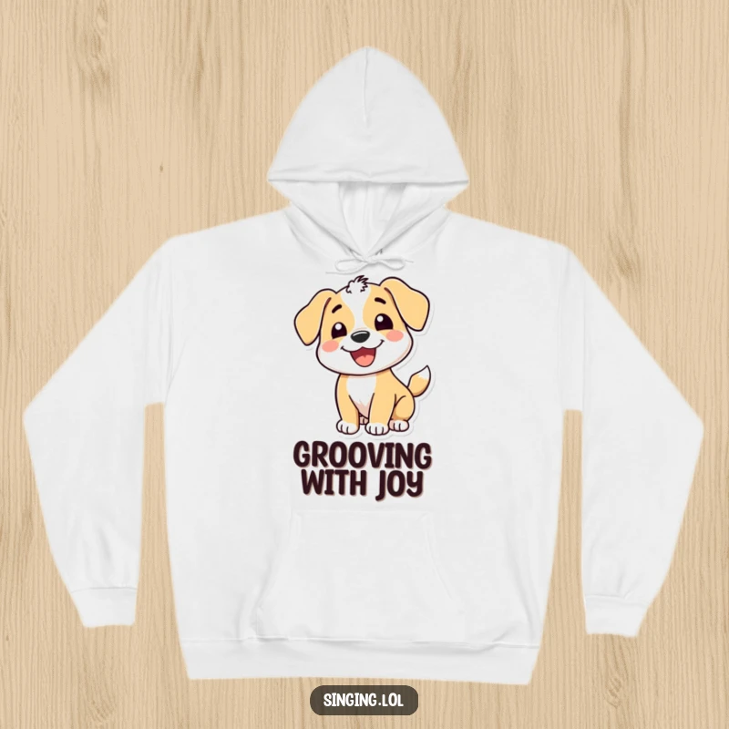 Funny hoodie featuring a happy puppy character with a wide grin and wagging tail, offering warmth and adorable, tail-wagging cheer.