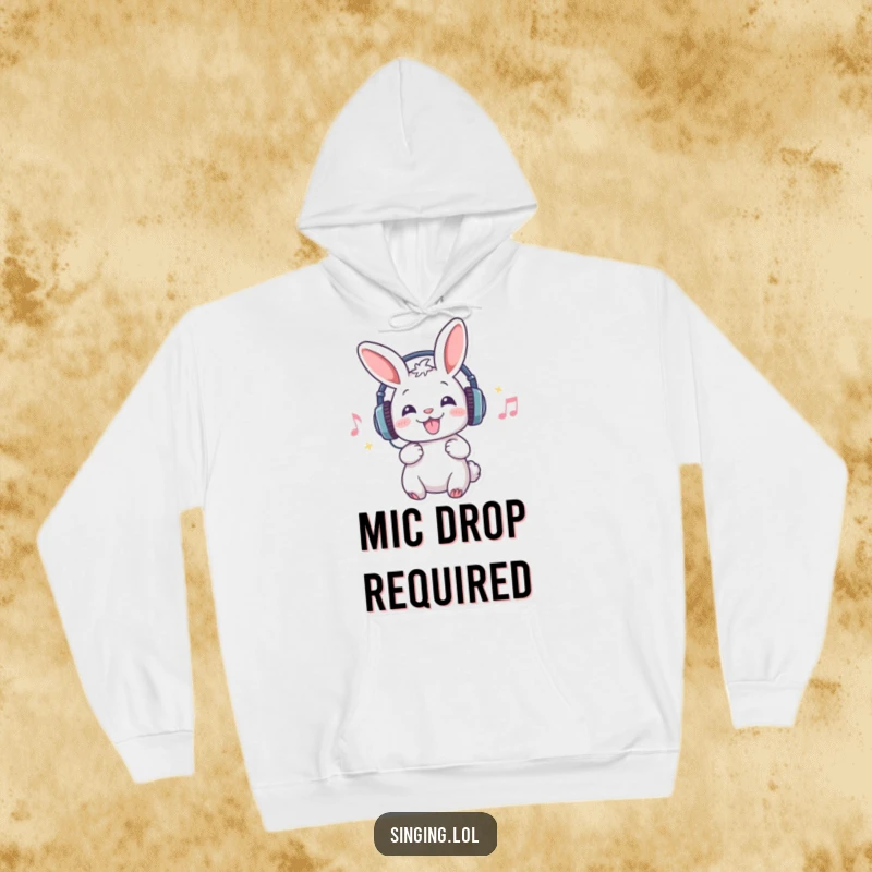 Funny hoodie featuring a joyful rabbit with headphones, singing its favorite song with a microphone, showcasing a passion for music.