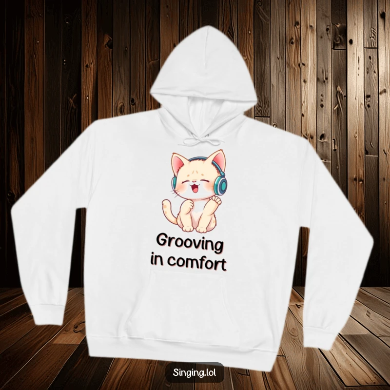 Funny hoodie depicting a singing kitten wearing tiny headphones and tapping its paw, ideal for music lovers.