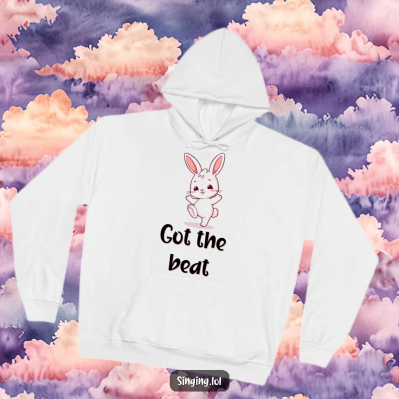 Funny hoodie featuring a curious bunny character tapping its foot with enthusiasm, perfect for cozy beats.