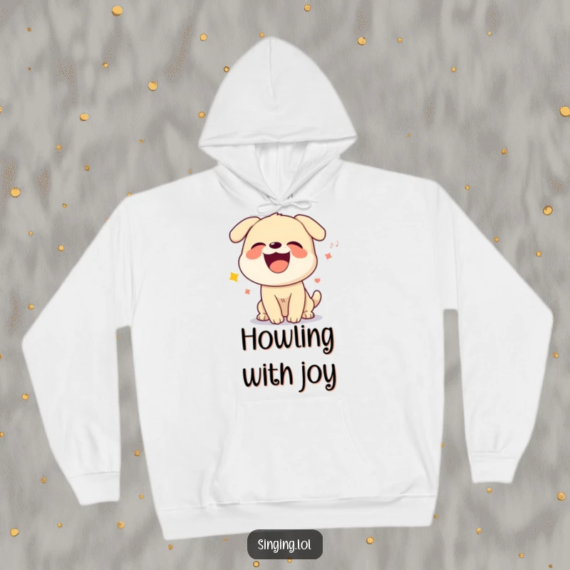 Funny hoodie design of a giggling dog character howling a silly song, offering comfort and a dose of canine joy.
