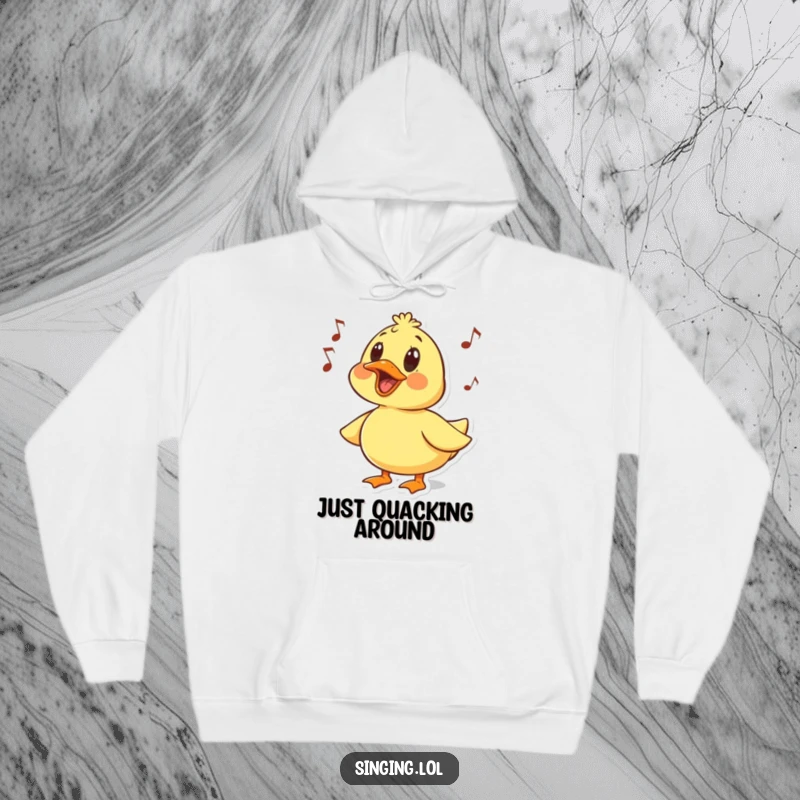 Funny hoodie with a surprised duck character quacking a humorous melody, offering warmth and whimsical comfort.