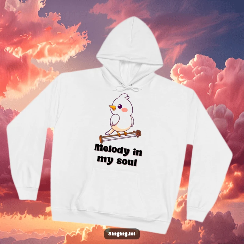 Funny bird hoodie featuring a smiling bird character perched on a musical staff, radiating warmth and musicality.