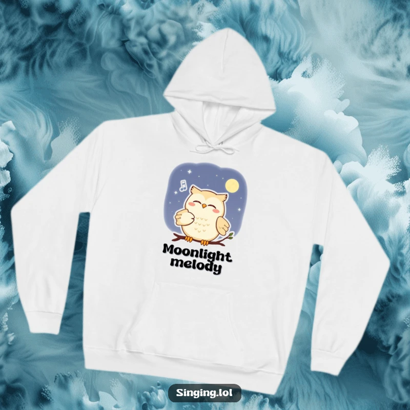 Funny hoodie with a smiling owl serenading the moon with a soft melody, perfect for cozy, magical nights.