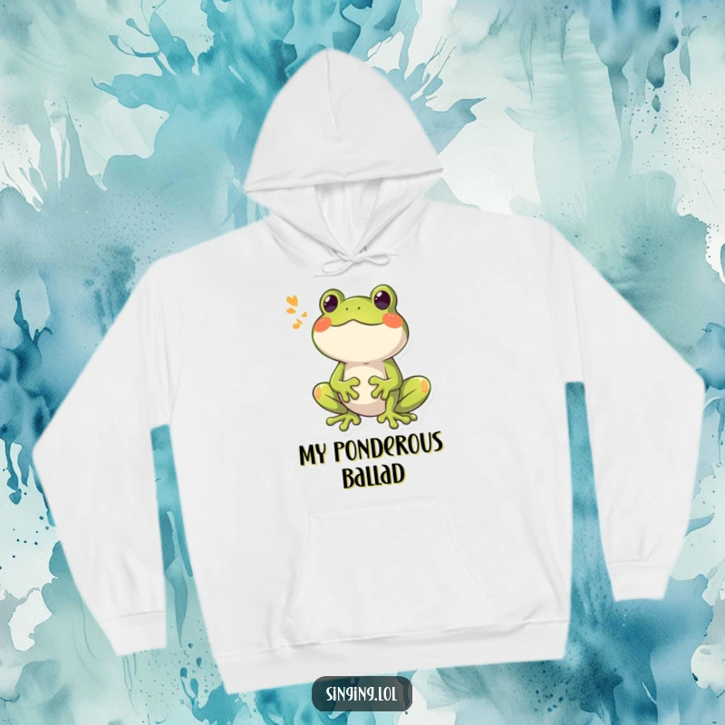 Funny Frog Croaking Hoodie, a happy frog character croaking a booming song, offering cozy comfort and humorous style.