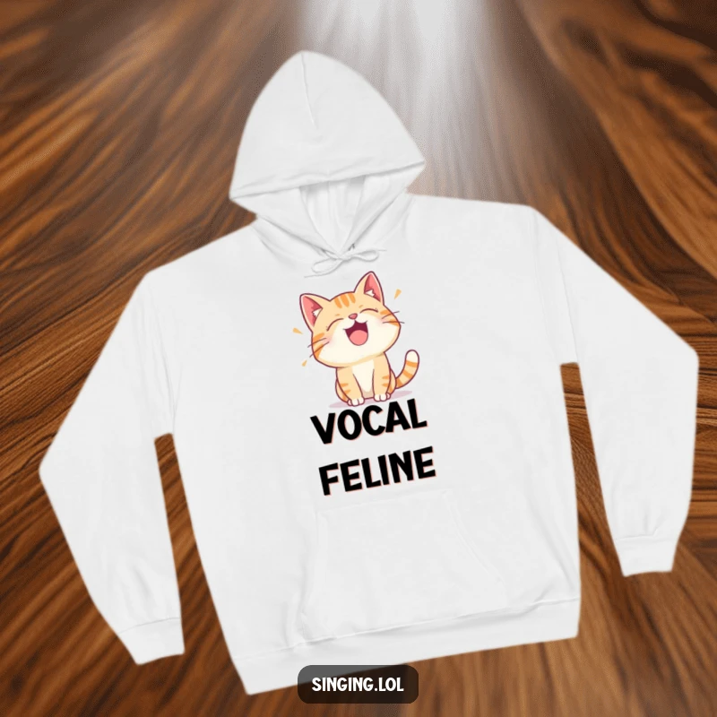 Funny hoodie design of a delighted cat character performing a vocal trill, offering comfort and a touch of feline joy.