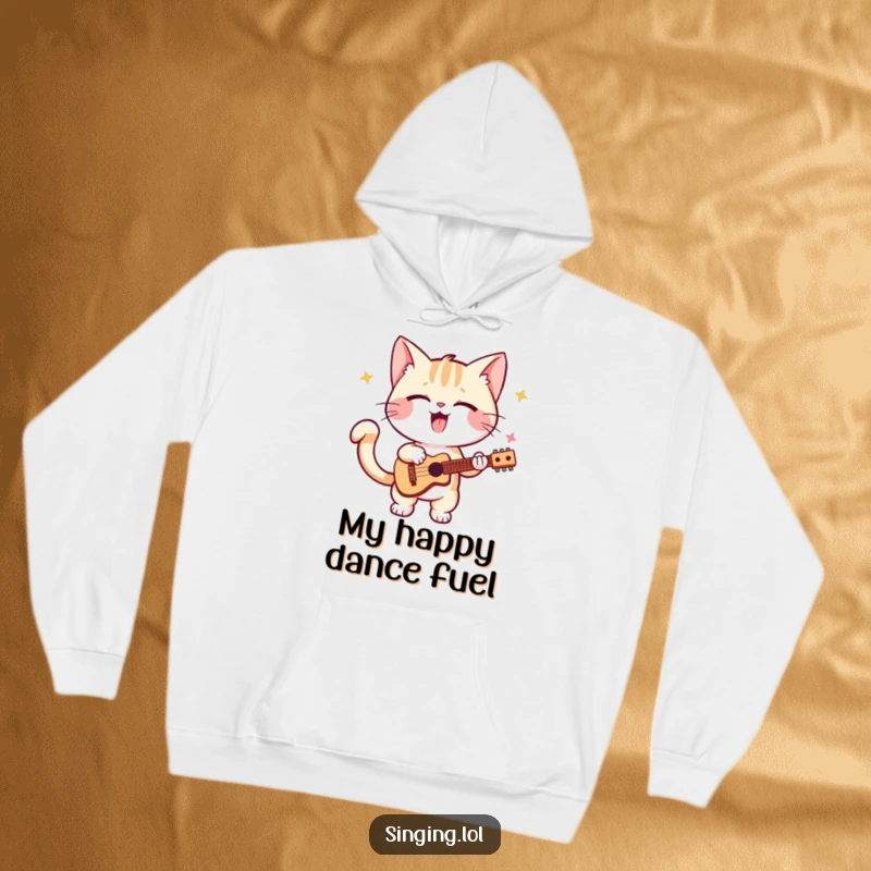 Funny kitten hoodie, a charming cat in mid-solo performance, tail wagging energetically, capturing a moment of pure musical delight.