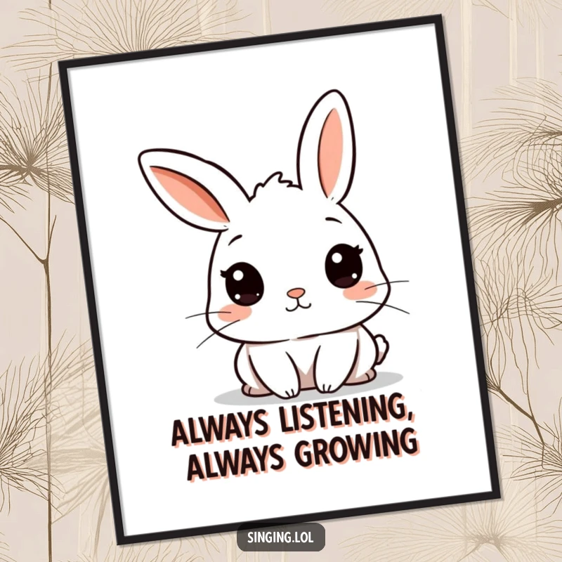 Funny Free Printable Wall Art of a curious rabbit character with twitching ears, listening with rapt attention, whimsical decor.