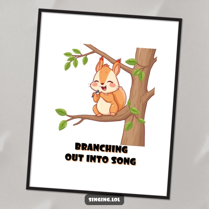 Funny Free Printable Wall Art: A happy squirrel serenades from a tree branch, adding a whimsical and funny vibe to any room.