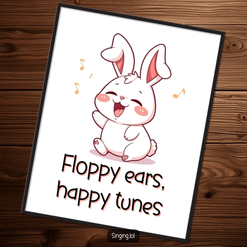 Funny Free Printable Wall Art of a delighted rabbit character with ears flopping while singing, radiating innocent joy.