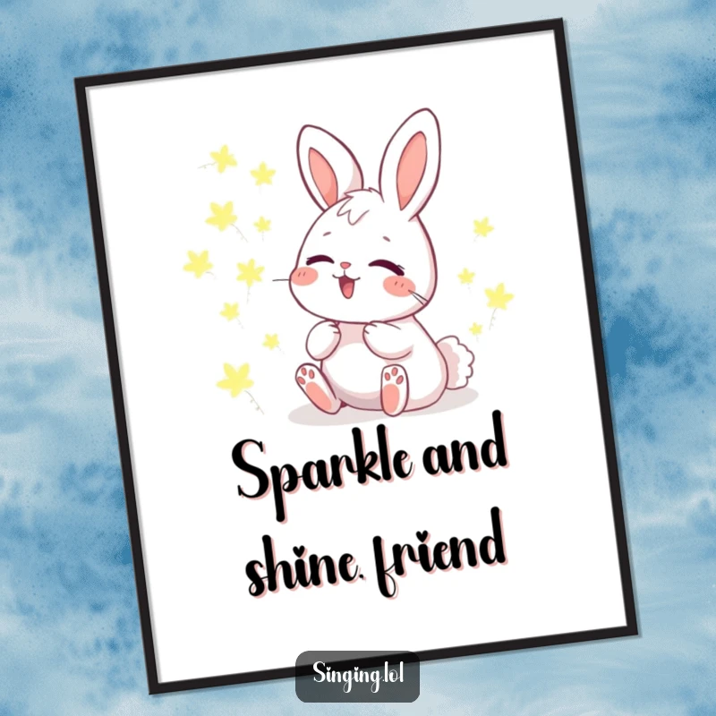 Free printable wall art: a giggling bunny character harmonizes with a chorus of softly glowing fireflies.