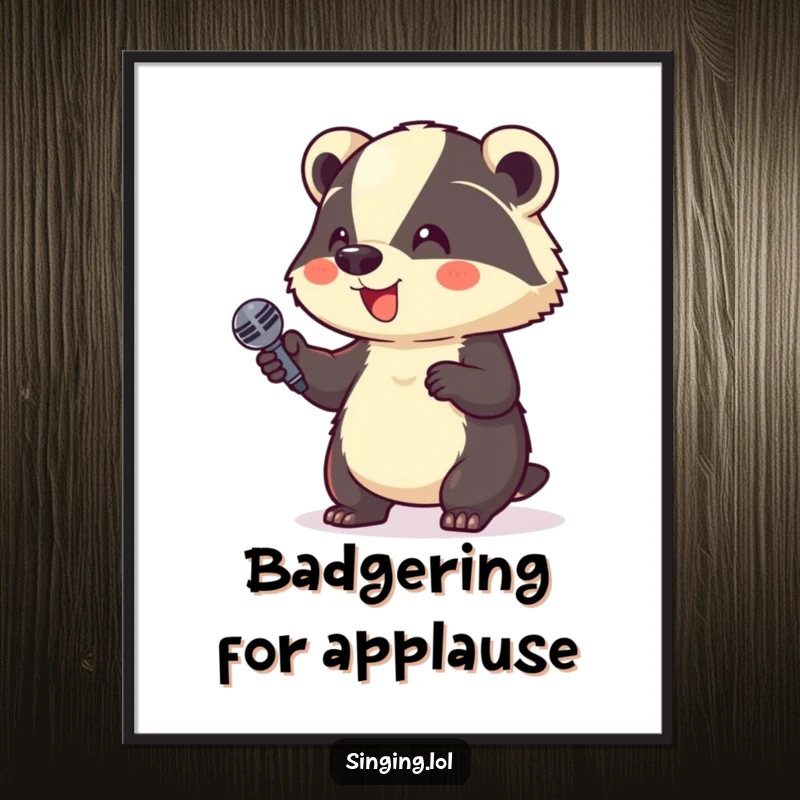 Funny Free Printable Wall Art: A giggling badger holds a microphone aloft, ready to entertain, adding a humorous touch to any room.