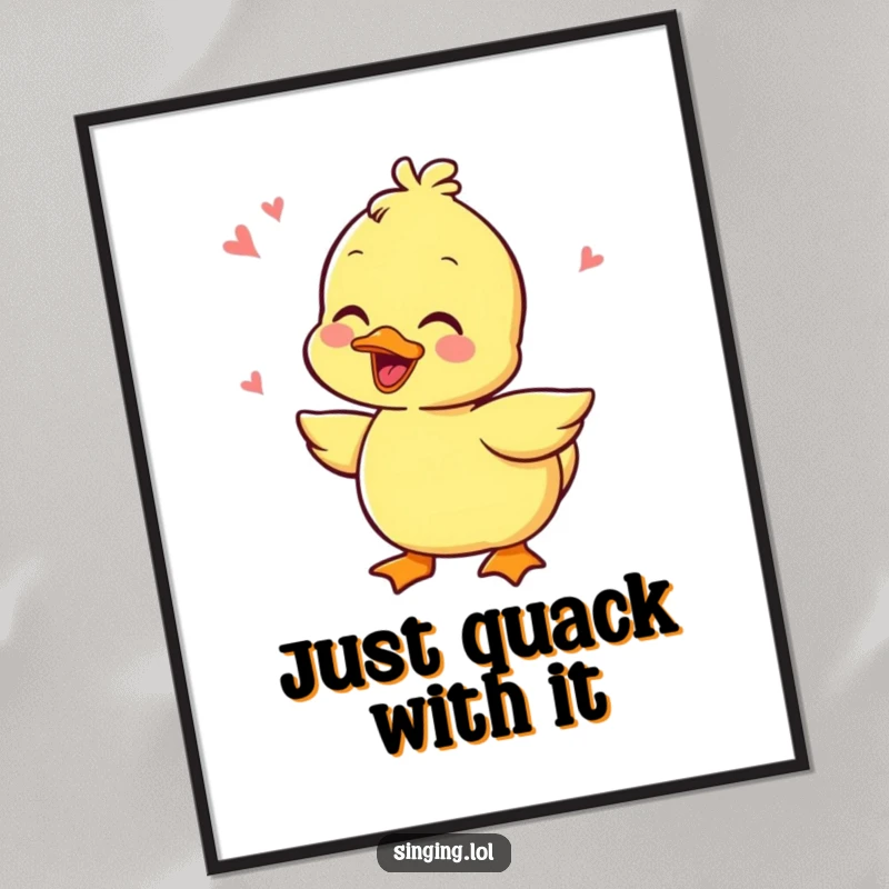 Funny Free Printable Wall Art depicting a hilariously giggling duckling character quacking out a joyful, rhythmic sound.