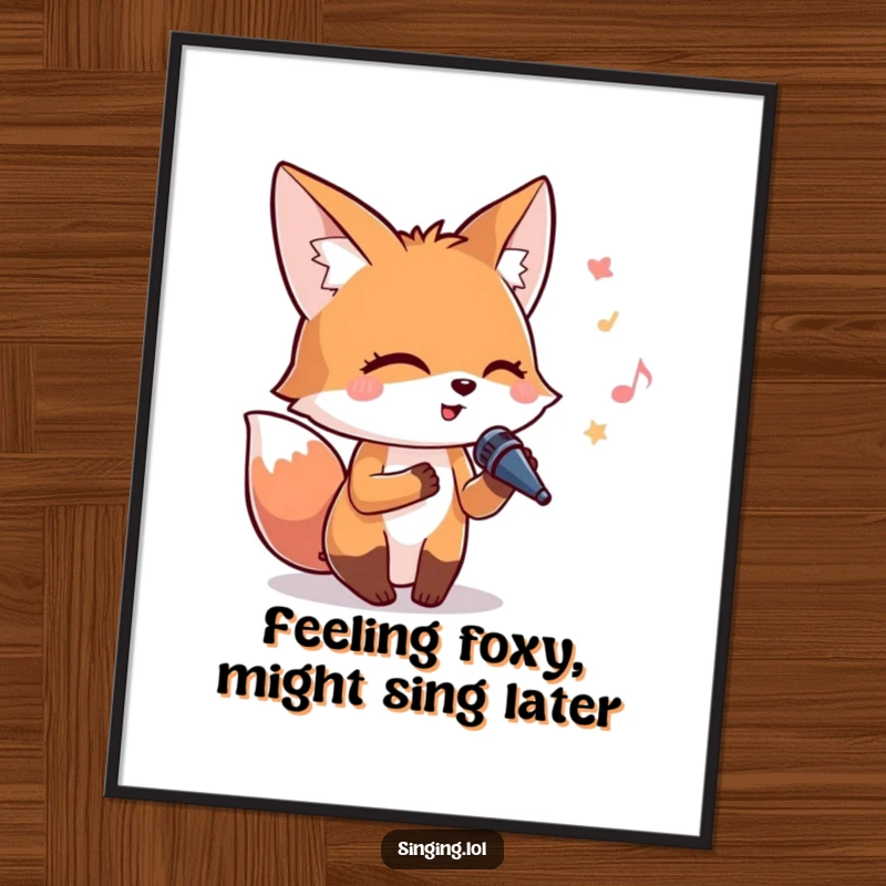 Funny Free Printable Wall Art: Cute fox character with eyes closed, passionately singing into a tiny microphone, pure musical bliss.