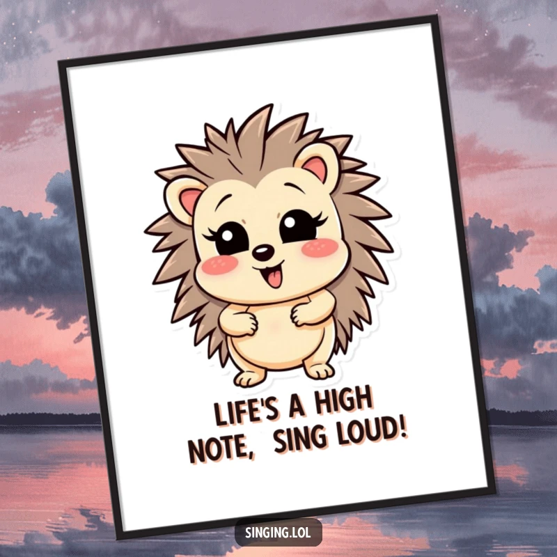 Funny Free Printable Wall Art: A wobbly hedgehog character hilariously hitting an incredibly high musical note with passion.