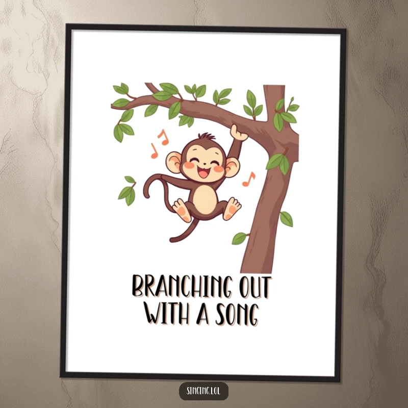 Funny Free Printable Wall Art: A lively monkey swinging through branches, singing a happy tune, downloadable decor.