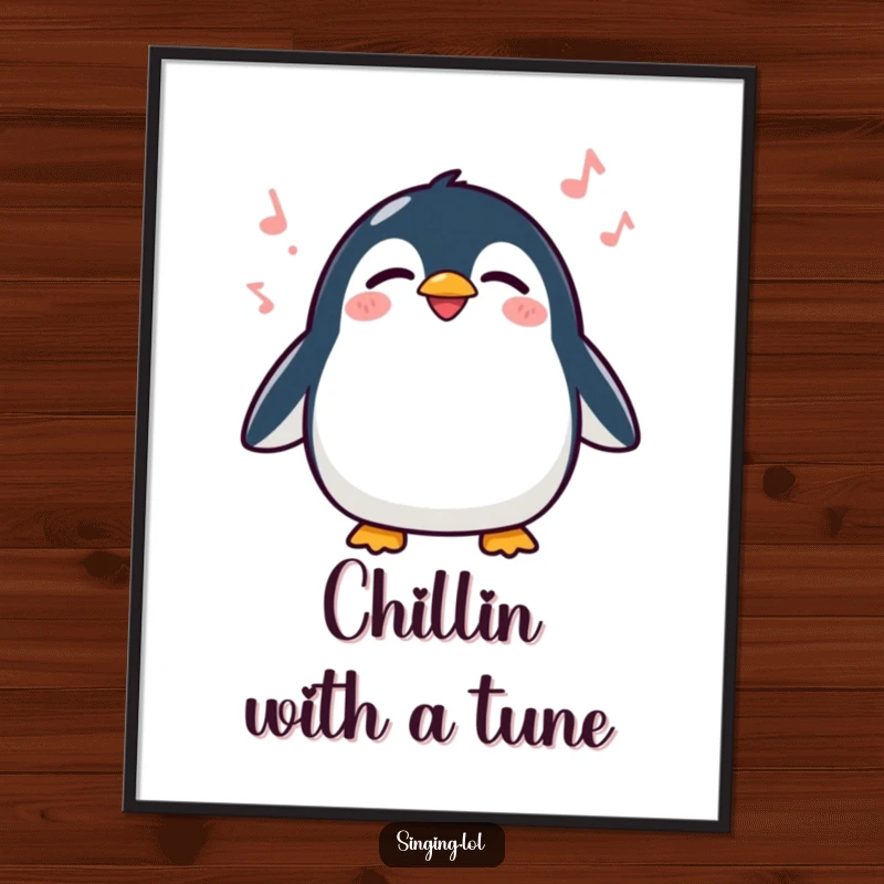 Funny Free Printable Wall Art: A delighted penguin waddling and singing joyfully with closed eyes, adorable decor.