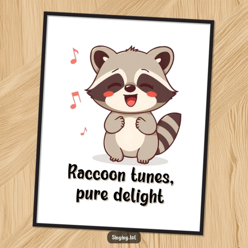 Funny Free Printable Wall Art: Delighted raccoon humming a playful tune, bringing a cheerful and humorous vibe.