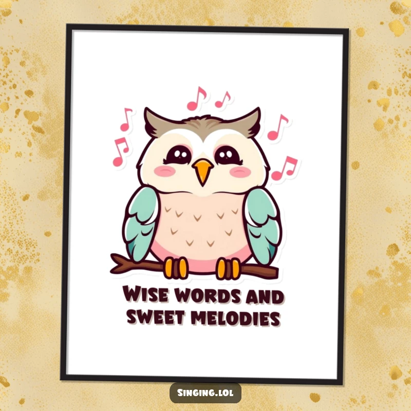 Funny Free Printable Wall Art: A cheerful owl with musical notes flowing from its open beak, creating a whimsical, musical scene.