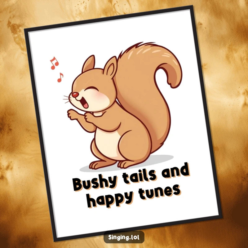 Funny Free Printable Wall Art: A singing squirrel with its bushy tail swinging rhythmically, capturing a moment of joyful movement.