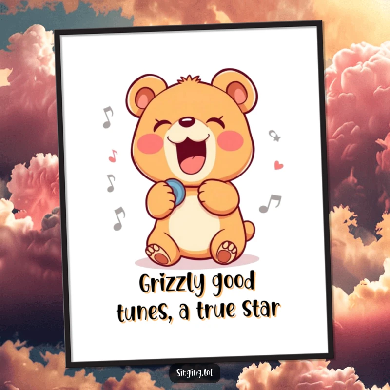 Funny Free Printable Wall Art: Delighted bear cub belting out a ballad, emotional and humorous downloadable art, great DIY decor.