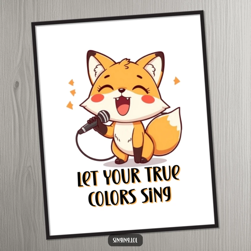 Free printable wall art: a cheerful fox character belts out a tune into a microphone with gusto.